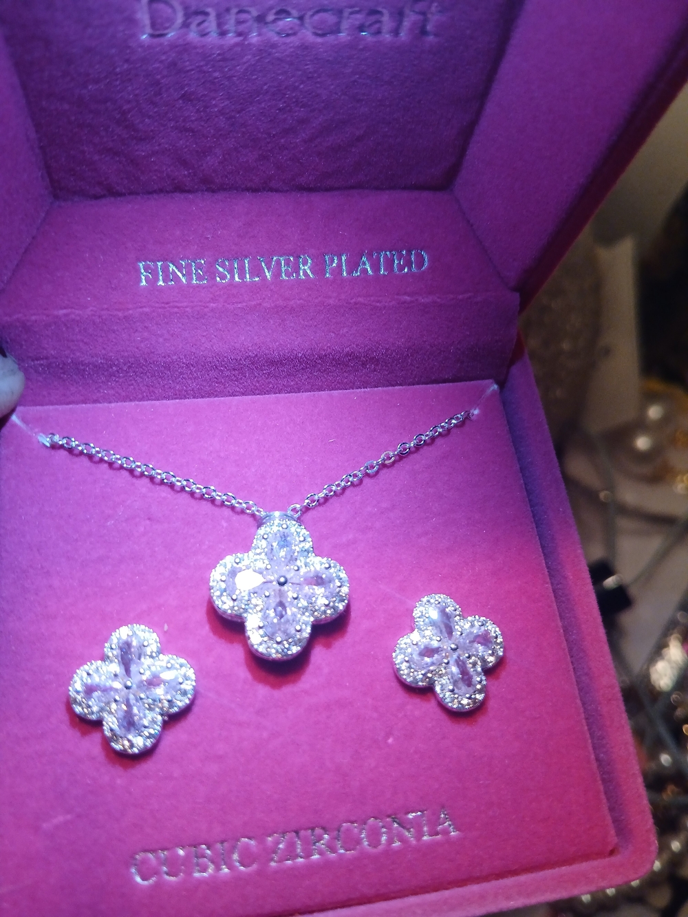 Fine Silver Plated Pink Cubic Zirconia fashion Arpels  Necklace & Earrings Set